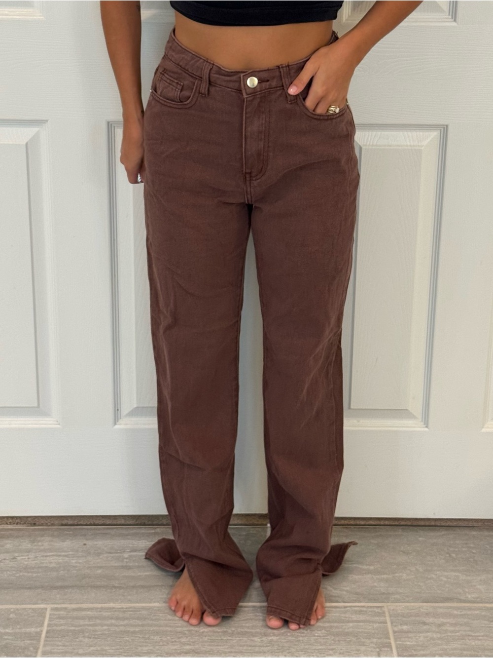 PrettyLittleThing Chocolate Brown Split Hem Straight Leg High-Rise Jeans